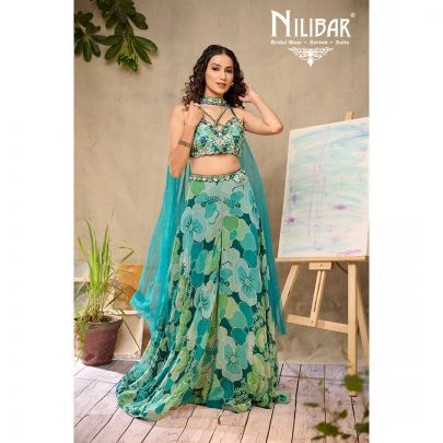 Sea Green Georgette Crop Top With Palazzo