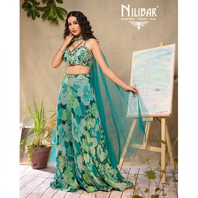Sea Green Georgette Crop Top With Palazzo
