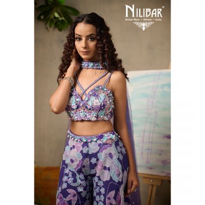 Purple Georgette Crop Top With Palazzo