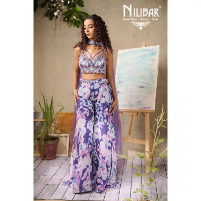 Purple Georgette Crop Top With Palazzo