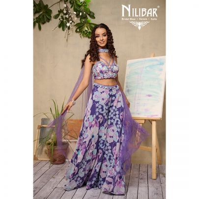 Purple Georgette Crop Top With Palazzo