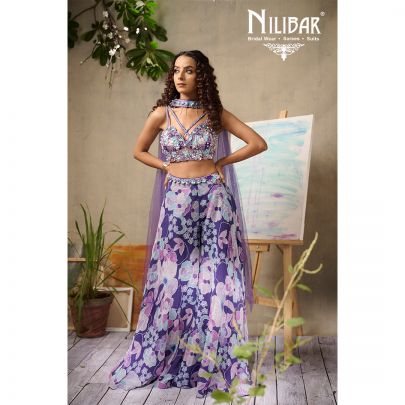 Purple Georgette Crop Top With Palazzo