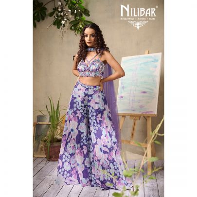Purple Georgette Crop Top With Palazzo