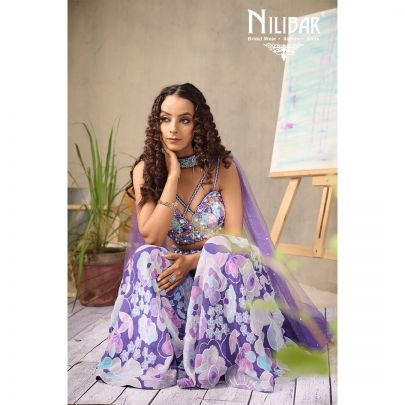 Purple Georgette Crop Top With Palazzo