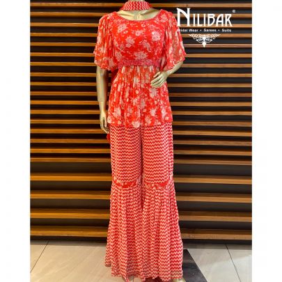 Carrot Red Chinon Sharara Suit