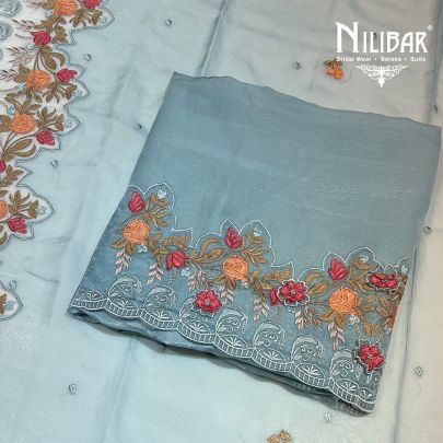 Aqua Blue Organza Unstitched Suit
