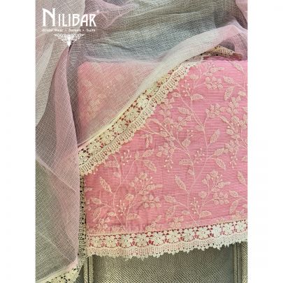 Pink Kota Doria Lace Embroidered Unstitched Suit