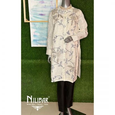 Ivory And Black Linen Readymade Suit