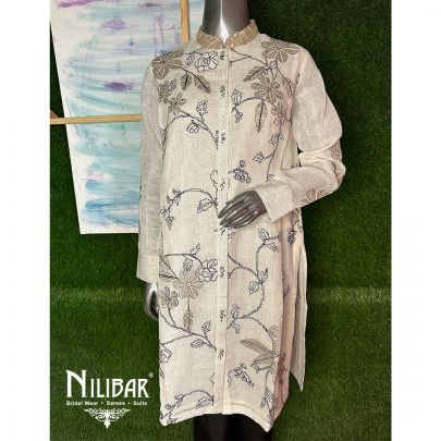 Ivory And Black Linen Readymade Suit