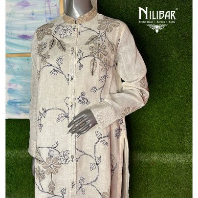 Ivory And Black Linen Readymade Suit