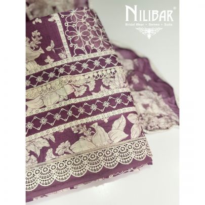 Purple Cotton Laced Unstitched Suit