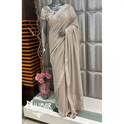 Ivory Gold Net Sequin Saree