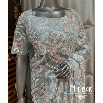 Sku Blue Net Sequin Saree