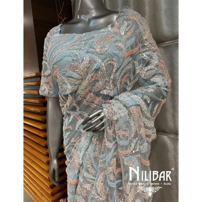 Sku Blue Net Sequin Saree