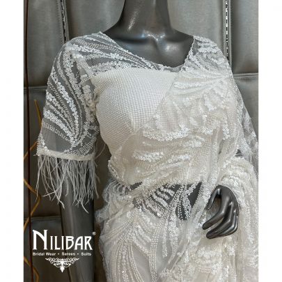 White Net Sequin Saree