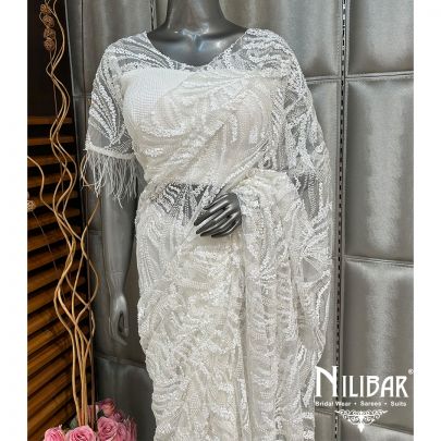 White Net Sequin Saree