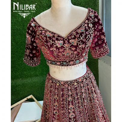 Mehroon Velvet Bridal Lehenga