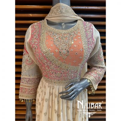 Beige Silk Embroidered Anarkali