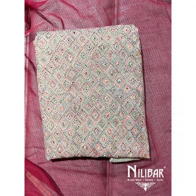 Beige & Red Maheshwari Silk Unstitched Suit