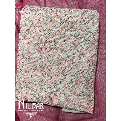 Beige & Red Maheshwari Silk Unstitched Suit