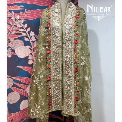 Green Organza Floral Embroidered Dupatta