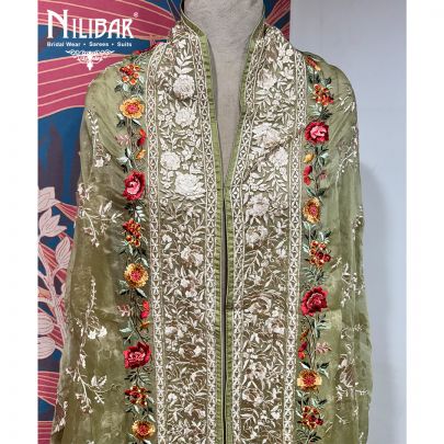 Green Organza Floral Embroidered Dupatta