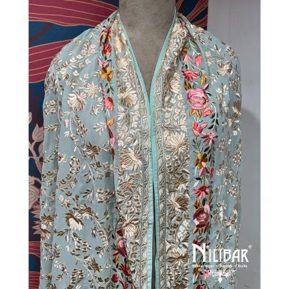 Baby Blue Georgette Floral Embroidered Dupatta