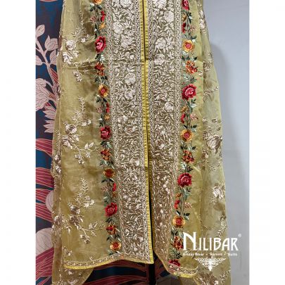Yellow Organza Floral Embroidered Dupatta