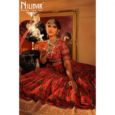 mehroon Silk and Chinon Bridal  Lehenga