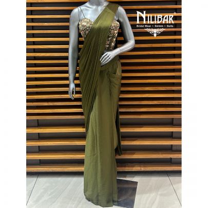Mehandi Green Silk Blouse Paired With Chinnon Drape Saree