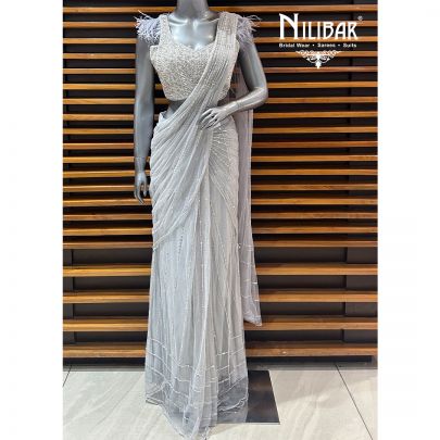 Silver Gray Net Drape Saree