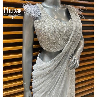 Silver Gray Net Drape Saree