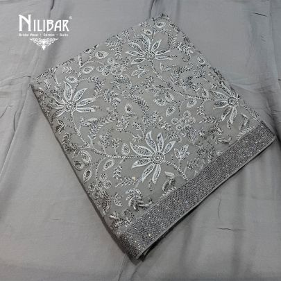 Grey Georgette Shirt & Dupatta Paired With Crepe Bottom
