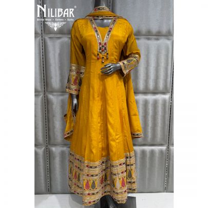 Yellow Long Chinnon Anarkali Suit Paired With Dupatta