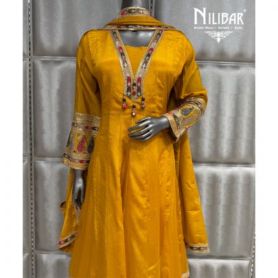Yellow Long Chinnon Anarkali Suit Paired With Dupatta