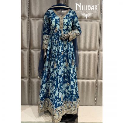 Blue Long Chinnon Anarkali Suit Paired With Net Dupatta