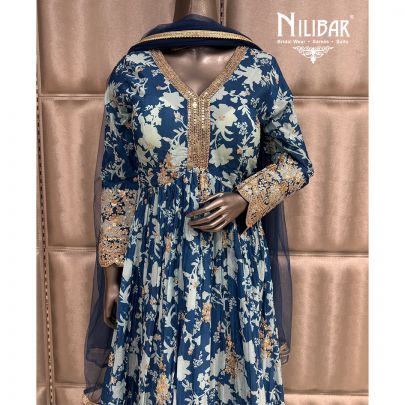 Blue Long Chinnon Anarkali Suit Paired With Net Dupatta