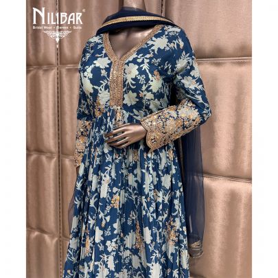 Blue Long Chinnon Anarkali Suit Paired With Net Dupatta