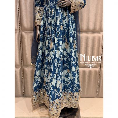 Blue Long Chinnon Anarkali Suit Paired With Net Dupatta