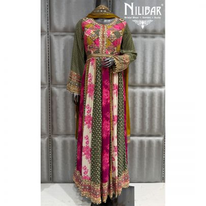 Multicolor Crepe Anarkali Suit Paired With Chinnon Dupatta