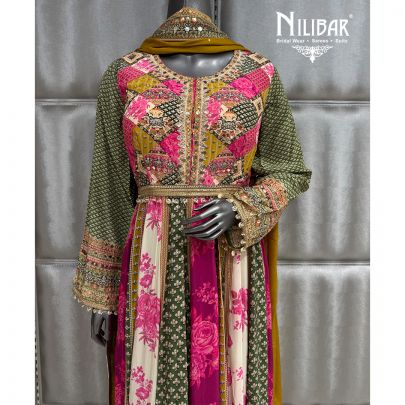 Multicolor Crepe Anarkali Suit Paired With Chinnon Dupatta
