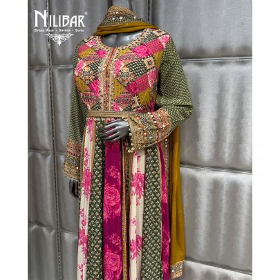 Multicolor Crepe Anarkali Suit Paired With Chinnon Dupatta