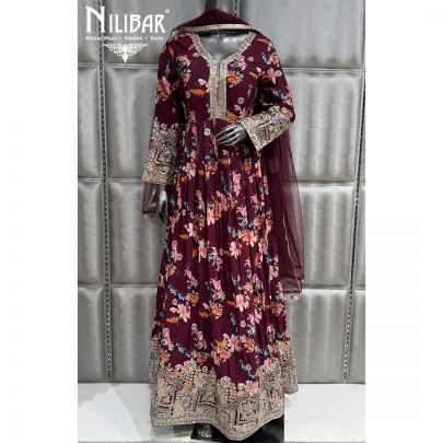 Mehroon Long Chinnon Anarkali Suit Paired With Net Dupatta