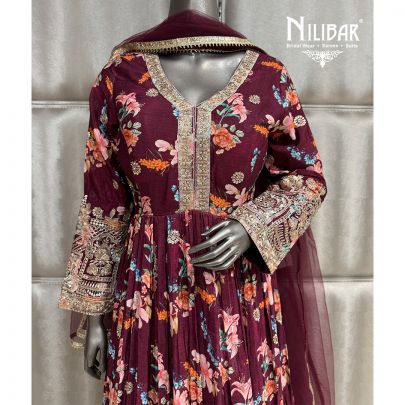Mehroon Long Chinnon Anarkali Suit Paired With Net Dupatta
