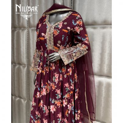 Mehroon Long Chinnon Anarkali Suit Paired With Net Dupatta