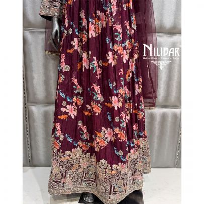 Mehroon Long Chinnon Anarkali Suit Paired With Net Dupatta