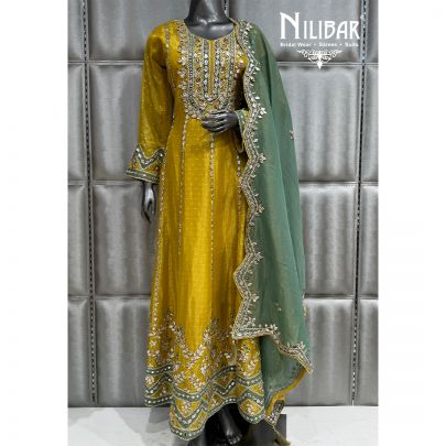 Mustard & Teal Green Lame Tissue Suit Paired With Dupatta