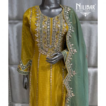 Mustard & Teal Green Lame Tissue Suit Paired With Dupatta