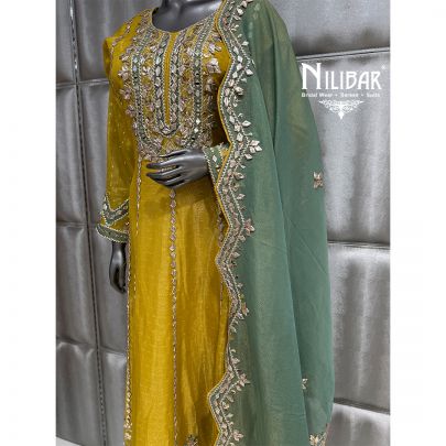 Mustard & Teal Green Lame Tissue Suit Paired With Dupatta