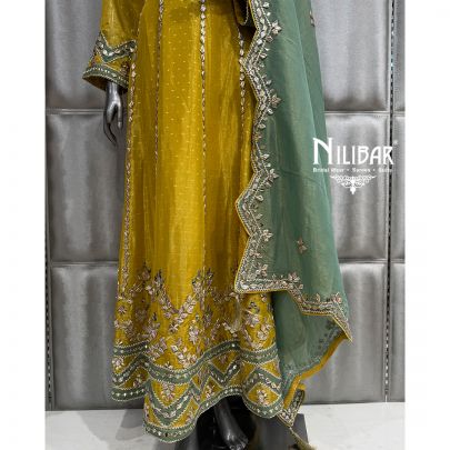 Mustard & Teal Green Lame Tissue Suit Paired With Dupatta